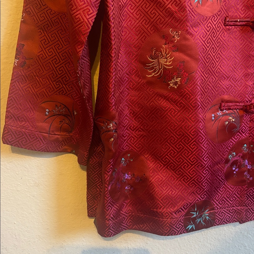 Asian Kimono Jacket Frog Closures Pointed Collar Long Sleeve Silk Blend Sz M - Picture 8 of 8